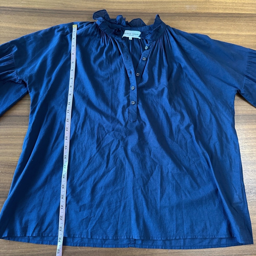 Apiece Apart Popover Cotton Blouse 8 Navy Blue Peasant 3/4 Balloon Sleeve Top - Picture 5 of 11
